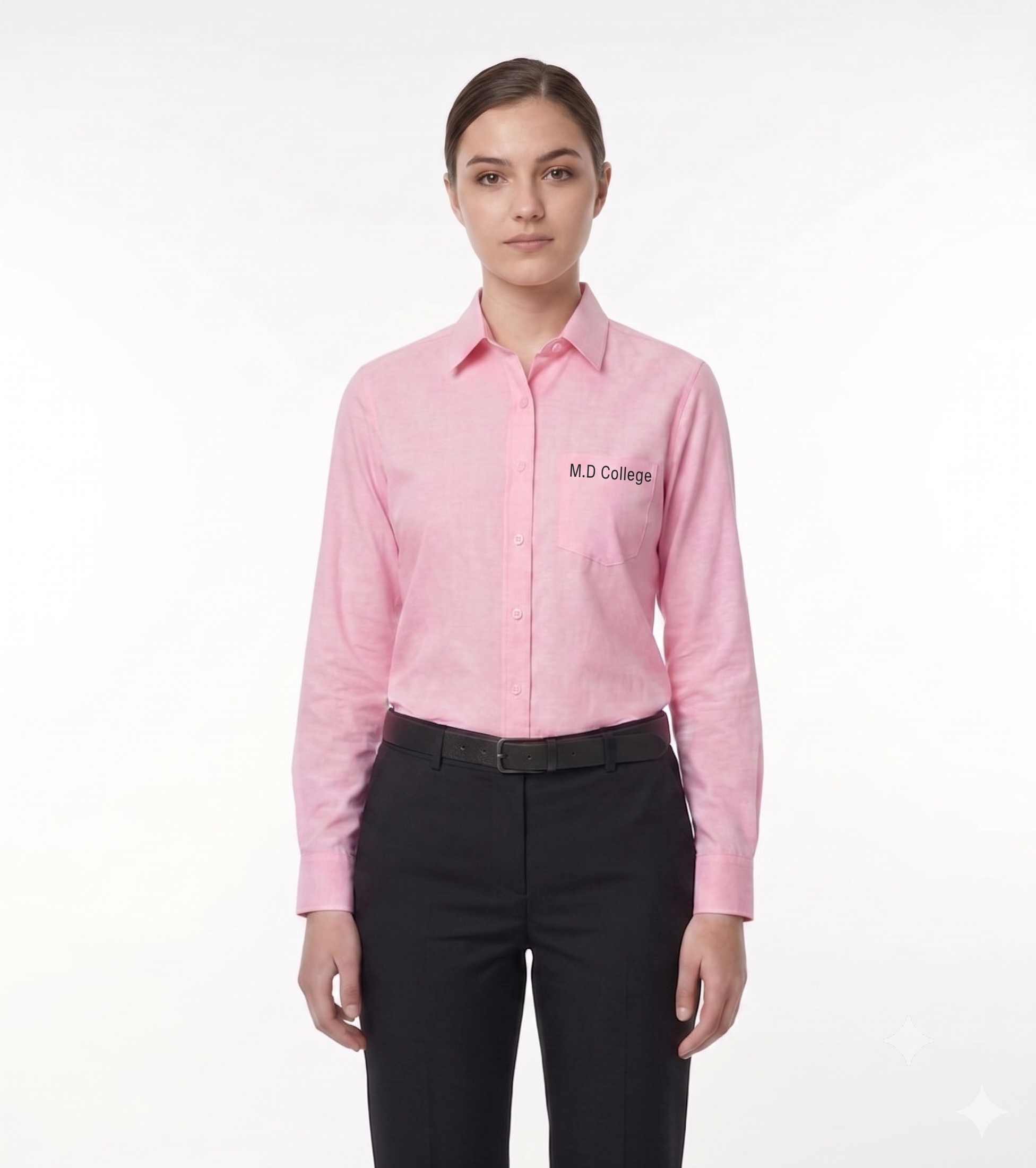 MD College Women's Uniform Set: Regular Fit Solid Pink Shirt & Black Pant Combo