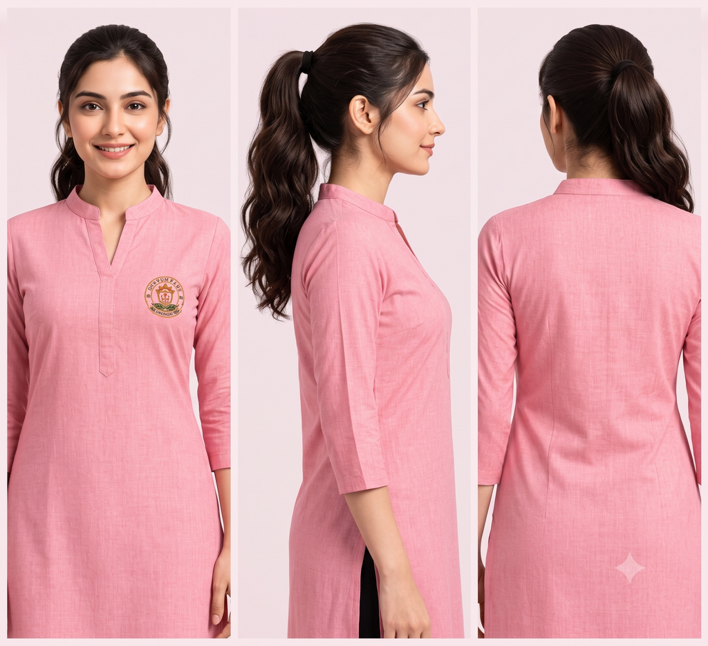 MD College Women's Uniform Kurti: Regular Fit Solid Pink Kurti & Black Pant Combo