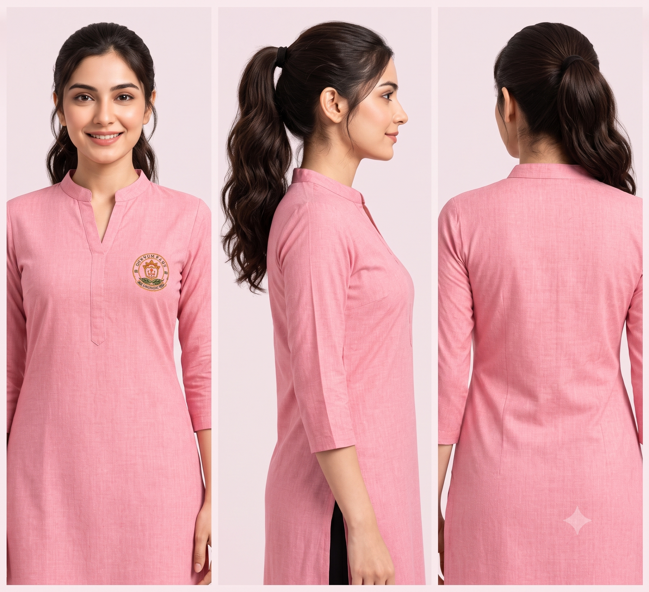 MD College Women's Uniform Kurti: Regular Fit Solid Pink Kurti & Black Pant Combo