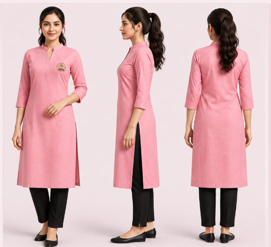 MD College Women's Uniform Kurti: Regular Fit Solid Pink Kurti & Black Pant Combo