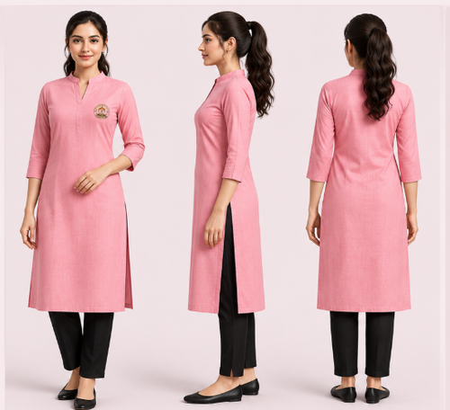 MD College Women's Uniform Kurti: Regular Fit Solid Pink Kurti & Black Pant Combo